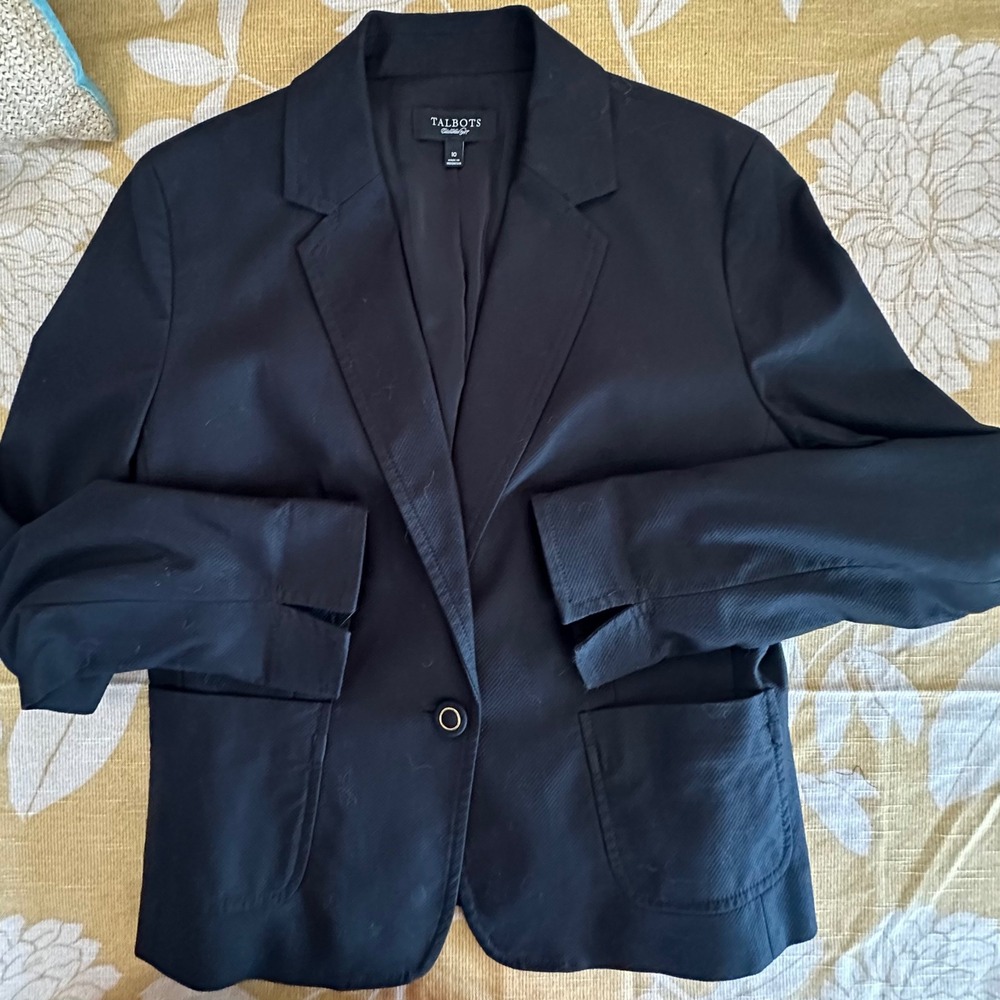 Talbots Black‎ Single Button Blazer Jacket Size 10 Textured Cotton Chic Classic